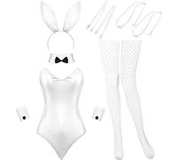 Geyoga Anime Women Bunny Costume Halloween Cosplay Bodysuit Role Outfit With Headband and Stocking Set (X-Small, White)