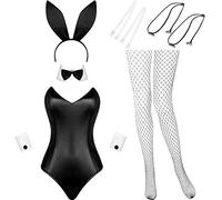 Geyoga Costume de Lapin Bodysuit et Queues Femmes Kit de Tenue de Lapin pour Halloween Noël Costume de Fête de (XS, Blanc et Noir)