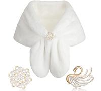 Geyoga Écharpe Châle en Fausse Fourrure de Mariage d'Hiver avec Broches en Fausses Perles Strass pour Femme (Blanc, Cheveux Courts)
