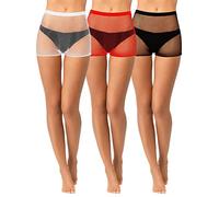 Geyoga Lot de 3 Shorts en résille pour Femme - Short de Cyclisme en Maille Transparente - Taille Haute - Short élastique pour Yoga, Noir, Rouge et Blanc, Large