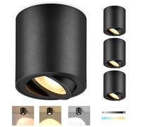 GeyouLux Spots LED en Saillie Noirs Dimmables, Ø80x84mm Spots Plafond Apparent Ronds, Orientables 30°, avec Module LED 5W 500LM 230V, 3CCT 3000K/4000K/6500K, 4 Pièces
