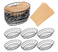 Geytetqi Lot de 12 corbeilles à pain ovales en métal avec 50 feuilles de papier d'emballage Deli Wrapper, 24,6 x 15,5 x 5,5 cm - Paniers métalliques noirs durables pour la maison et la cuisine