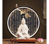 GEZHUCAO Ensemble D'autel Bouddhiste avec Halo LED, Support D'autel Complet en Céramique Support D'autel Fait Main pour Prière, Pujas Et Décoration d'un Temple Domestique(Orange)