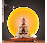 GEZHUCAO Statue De Bouddha avec Halo LED, Bouddha Artisanal pour Autel Personnel - Matériaux Céramique Et Argile Violette - pour Prière Et Pujas,offrandes Au Temple(Green)