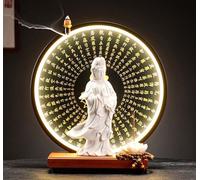 GEZHUCAO Statue De Bouddha De 22cm avec Lampe Table LED Circulaire, Support pour Autel De Bouddha pour Offrandes Et Dévotion À Domicile Porte Fleurs De Lotus Et Bracelets(F)