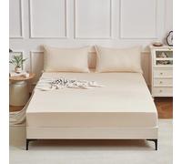 Gezu Drap-housse 140 x 200 cm - Satin de coton mako - Beige crème - 100 % coton naturel 40S - Régulateur de température - Brillant - Satin de coton et soie - 140 x 200 cm - Pour matelas épais jusqu'à