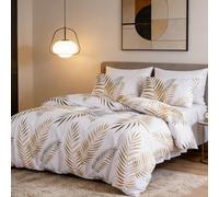 Gezu Housse de Couette 200x200cm Doré Motif Feuilles Tropicales Dorées Botanique 2 Personnes et 2xTaies d'oreiller 65x65cm 100% Doux Microfibre Parure de Linge de Lit avec Fermeture Éclair, Or Blanc