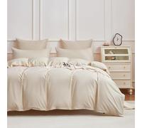 Gezu Housse de Couette 200x200cm Satin de Coton Beige 100% Coton Doux Respirant Brillant Parure de Lit Coton à Fibres Longues Linge de Lit avec Fermeture Éclair et 2 Taies d'oreiller 65x65cm