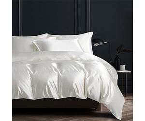 Gezu Housse de Couette 220x240cm Satin Blanc Unie Parure de Lit Soie Lisse Soyeux Brillant Doux Sets de Housse de Couette 2 Personnes avec 2 Taies d'oreiller 65x65cm avec Fermeture Éclair