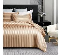 Gezu Housse de Couette 220x240cm Satin Doré Beige Brillant Deluxe Satin Rayé Parure de Lit 220x240 Doux Soyeux Soie Linge de Lit 2 Personnes Adulte avec Fermeture Éclair et 2 Taie d'oreiller 65x65