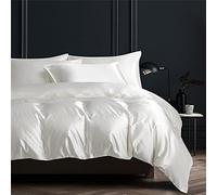 Gezu Housse de Couette 240x260cm Satin Blanc Unie Parure de Lit Soie Lisse Soyeux Brillant Doux Sets de Housse de Couette 2 Personnes avec 2 Taies d'oreiller 65x65cm avec Fermeture Éclair