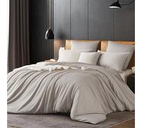 Gezu Housse de Couette Coton 240x260cm Satin de Coton Beige 100% Coton Cool Soie Soyeux Brillant Parure de Lit Coton à Longues Fibres Linge de Lit avec Fermeture Éclair et 2 Taies d'oreiller 65x65cm