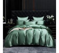 Gezu Housse de Couette Satin 240x260 Vert Sauge Parure de Lit Adulte Satin Lisse Soyeux Brillant Sets de Housse de Couette 2 Personnes Linge de Lit avec 2 Taies d'oreiller 65x65 avec Fermeture Éclair