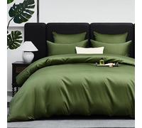 Gezu Housse de Couette Satin de Coton 200x200cm Vert Olive 100%Coton Satin Parure de Lit Doux Soyeux Respirant Lyocell Soie Linge de Lit 1 Personne avec Fermeture Éclair et 2 Taies d'oreiller 65x65cm