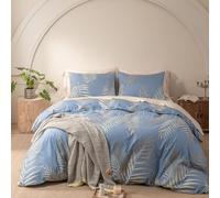 Gezu Parure de lit 200 x 200 cm avec housse de couette de 200 x 200 cm et taie d'oreiller de 80 x 80 cm - Motif feuilles de palmier botanique - Bleu clair et doré - En microfibre douce - Avec