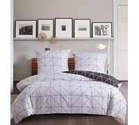 Gezu Sets de Housse de Couette 200x200cm a Carreaux Géométrique Gris et Blanc Réversible Parure de Lit 2 Personnes Microfibre avec 2 Taie d'oreiller 65x65cm avec Fermeture Éclair