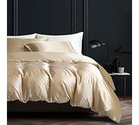 Gezu Sets de Housse de Couette 240x260cm Satin Or Beige Unie Parure de Lit 2 Personnes Soie Lisse Soyeux Brillant Doux Linge de Lit Satiné avec 2 Taies d'oreiller 65x65cm avec Fermeture Éclair