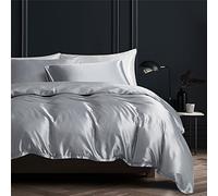 Gezu Sets de Housse de Couette Satin de Soie 220x240cm Gris Clair Unie Lisse Soyeux Brillant Doux Parure de Lit 2 Personnes avec 2 Taies d'oreiller 65x65cm avec Fermeture Éclair