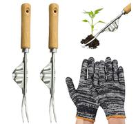 Gfamous 2 PCS Désherbeur Manuel,Outil Désherbage Manuel,Outil de désherbage Manuel en Acier Inoxydable,Livré avec Une Paire de Gants,pour Creuser, sarcler,Cadeaux pour jardiniers et jardinières.