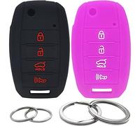 GFDesign Lot de 2 coques de clé à rabat en silicone avec 4 boutons - Protection sans clé compatible avec Kia Forte 5 Optima Rio Rondo Sedona Sorento Soul Spectra Sportage (noir et violet)