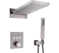 GFHOOZ Douche Murale de Luxe avec Robinet thermostatique à Bouton-Poussoir, pommeau de Douche rectangulaire à Effet Pluie à Double Fonction et douchette à Main, Finition Nickel
