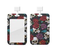 GFLFMXZW Porte-badge coulissant avec fenêtre transparente en plastique vertical pour le travail, motif tête de mort en sucre, fleurs, porte-carte pour bureau, carte d'identité, carte de crédit pour