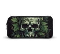 GFLFMXZW Trousse à crayons à grande ouverture - Grande capacité - Motif tête de mort et feuilles vertes - Trousse esthétique à fermeture éclair - Pochette portable pour pièces de monnaie - Organiseur