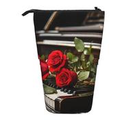 GFLFMXZW Trousse à crayons télescopique avec fermeture éclair Motif rose rouge sur piano, Noir , Taille unique
