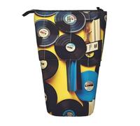 GFLFMXZW Trousse à crayons télescopique avec impression de disques vinyles et bandes adhésives, trousse de maquillage portable avec fermeture éclair, Noir , Taille unique