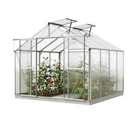 GFP Serre de Jardin 256x256 cm, alu, Toit Polycarbonate, avec Accessoires | Structure en aluminium - panneaux en PC env. 6 mm - porte coulissante simple - avec cadre de fondation, 1 ouvre-fenêtre auto
