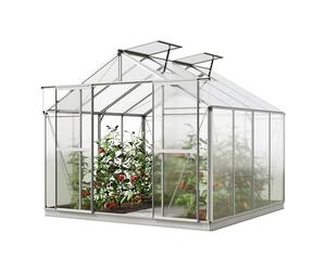 GFP Serre de Jardin 256x256 cm, alu, Toit Polycarbonate, avec Accessoires | Structure en aluminium - panneaux en PC env. 6 mm - porte coulissante simple - avec cadre de fondation, 1 ouvre-fenêtre auto