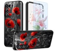 GFRGTFHYT Coque de téléphone pour Samsung Galaxy S22 Plus 6,6" avec protecteur d'écran et coque d'appareil photo, béquille double couche hybride antichoc pour Samsung S22+ Plus, fleur de coquelicot