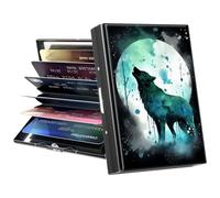 GFRGTFHYT Porte-cartes de crédit, mini portefeuille en métal avec blocage RFID pour femmes, hommes et filles, Aquarelle Loup Lune, Credit Card Holder, Minimaliste