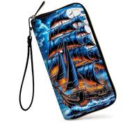 GFRGTFHYT Portefeuille pour femme de grande capacité avec blocage RFID en cuir PU avec dragonne pour femme, Navires pirates lunaires, Women Wallet, Navires pirates lunaires
