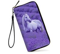 GFRGTFHYT Portefeuille pour femme de grande capacité avec blocage RFID en cuir PU avec dragonne pour femme, Cheval Fleur Lavande, Women Wallet, Cheval Fleur Lavande