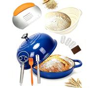 GFTIME Casserole en fonte avec couvercle, cocotte en fonte de 5 quarts, casserole à pain avec panier de fermentation, trancheuse, mélangeur à pâte, casserole en fonte pour cuisine, cuisson, braisage