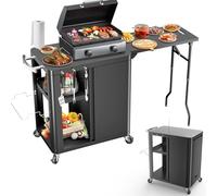 GFTIME Chariot de barbecue 143 x 37 x 89 cm, support pour pizzas, table de barbecue mobile pour barbecue extérieur, chariot de travail avec table d'appoint pliable, crochets, étagère de rangement et