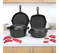 GFTIME Lot de 5 ustensiles de cuisine en fonte avec Dutch Oven 5 QT, cocotte 3,2 QT avec couvercle de poêle, poêle à griller 28 cm, poêle à frire 30,5 cm, pour cuisinière, four, barbecue, camping