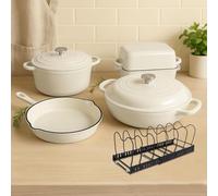 GFTIME Set de vaisselle en fonte émaillée 5 pièces, set de casseroles et poêles, cocotte avec couvercle, fournée hollandaise 2,3 QT, poêle à frire 28 cm, moule à pain, résistant au four, pour tous les