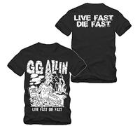 GG Allin - Live Fast T-shirt noir avec bande Murder Junkies Antiseen Hardcore Punk Rock Outlaw, Noir , L