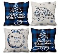 ggaimwf Ensemble de Housse de Coussin de Noël Housse de Coussin Joyeux Noël Chèque Bleu Flocon de Neige Festif Coussins Nordique pour canapé Salon Taies d'oreiller Aspect Lin 60x60cm 4 pièces