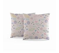 ggaimwf Housse de Coussin Galaxie 50x50cm Rocket Star Dessin animé de l'espace extérieur Taie d'oreiller planète Rose Lin Enfant Chambre sur Le thème de l'espace Canapé de pépinière Ensemble de 2