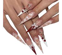 GGAUBAIFI 24 Pièces Presse Ongles Longs, Faux Ongles Français Acrylique Amande Faux Ongles avec Motifs Cerise Couverture Complète à Coller sur les Ongles pour Femmes et Filles