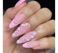 GGAUBAIFI Faux ongles à coller courts, amande, roses, avec faux ongles French manucure et motifs papillons, finition gel brillant, acrylique, épais, naturel.