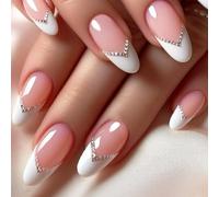 GGAUBAIFI Faux ongles à coller en amande, kit de 24 faux ongles French manucure ovales avec strass, pastilles adhésives, lime à ongles et bâtonnet de manucure.
