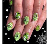 GGAUBAIFI Faux ongles courts Halloween à coller, faux ongles verts, toile d'araignée, ongles artificiels avec motifs fantômes, ongles faits main, bâton floral 3D
