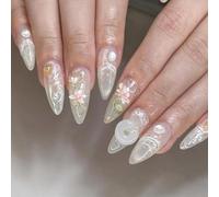 GGAUBAIFI Lot de 24 faux ongles à pression en forme de fleur de taille moyenne avec breloques pour ongles, blanc nacré, en acrylique, amande, ongles artificiels pour femmes et filles