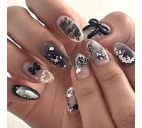 GGAUBAIFI Lot de 24 faux ongles à pression moyens noirs avec nœud 3D et perles, effet amour, faux ongles en acrylique brillant