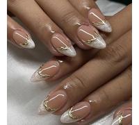 GGAUBAIFI Ongles à coller French Tips blancs, ligne dorée, faux ongles, amande moyenne, design nacré et brillant, acrylique artificiel, couverture totale, brillant
