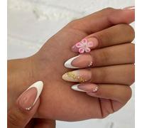 GGAUBAIFI Press on Nails Amande avec breloques pour ongles, français printemps été fait à la main, 24 faux ongles en acrylique, kits de manucure pour femme